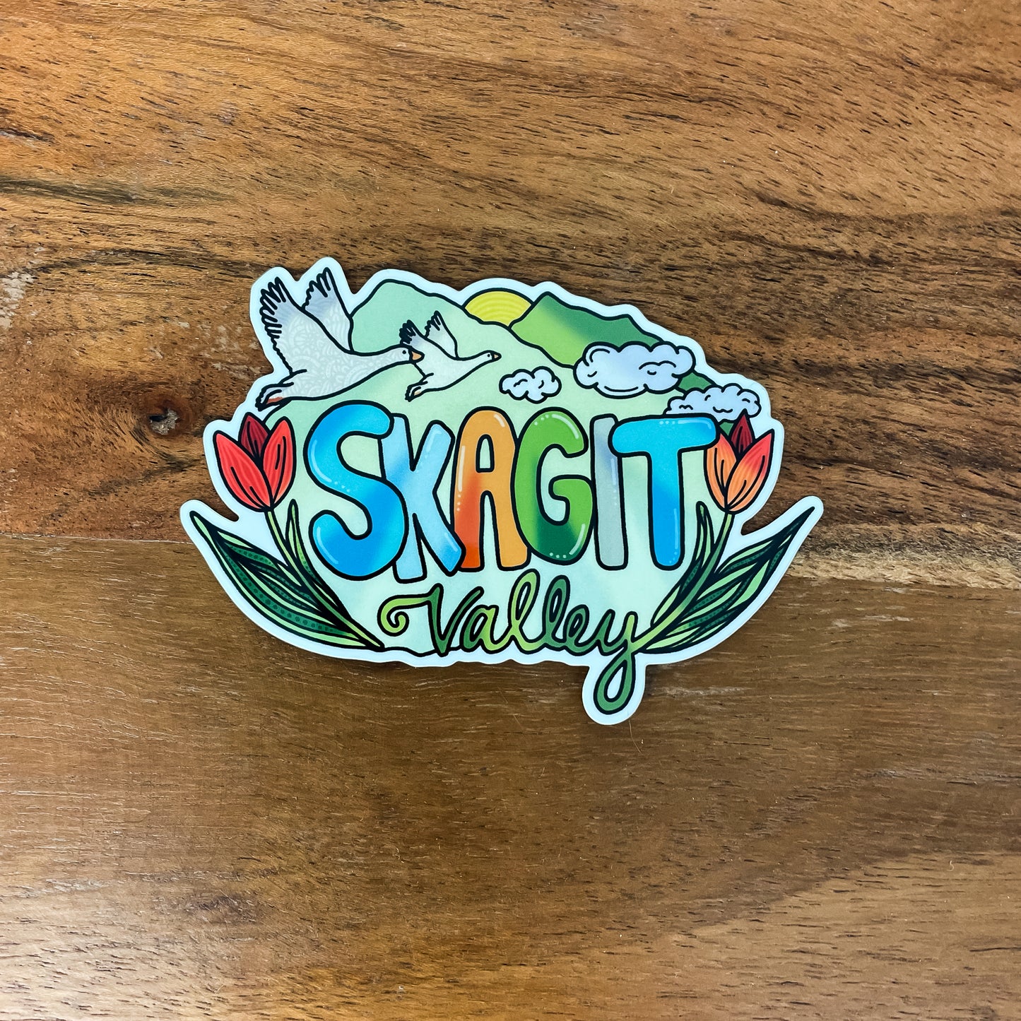 Skagit Valley, Northwest Washington sticker. Colorful with snow geese, tulips and mountains. Laying on top of a wooden surface.