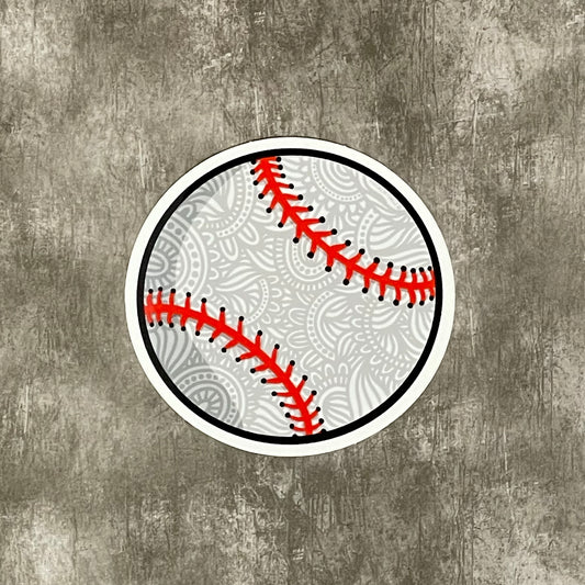 An illustrated baseball made into a vinyl durable sticker. Laying on a gray textured background.