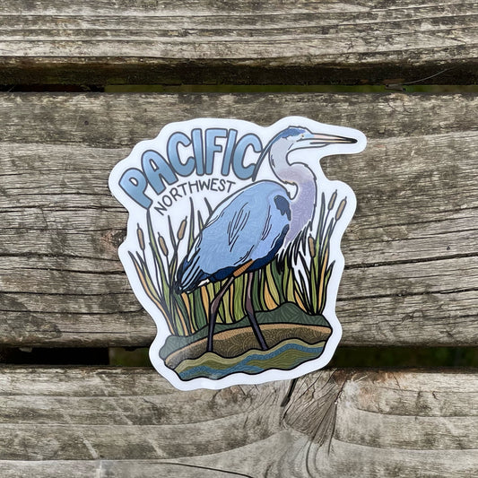 An illustrated Blue Heron, pacific northwest bird sticker.