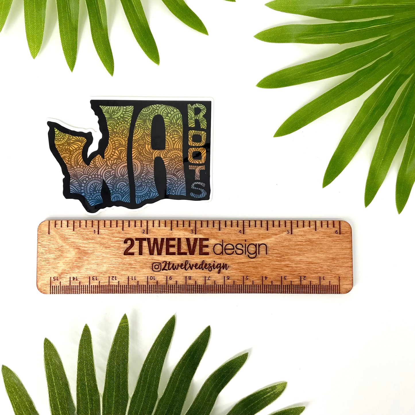 WA Roots sticker laying on a white background with leaves surrounding and a ruler to show actual size.