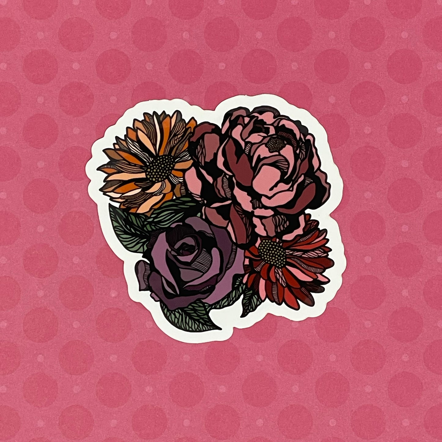 A die-cut vinyl sticker with a hand-drawn floral illustration, predominantly pink with accents of other colors.