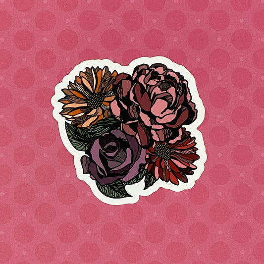 A die-cut vinyl sticker with a hand-drawn floral illustration, predominantly pink with accents of other colors.
