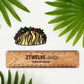 A cute illustrated taco made into a sticker laying on a white surface above a '2Twelve Design' branded ruler, surrounded by palm leaves.