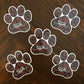 A group of five dog mom stickers. Detailed, hand-drawn artwork. Laying on a wooden surface.