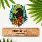 A vinyl, waterproof die-cut sticker featuring a hand-drawn floral and horse illustration, with a horseshoe shape at the top, placed on a wooden surface with green foliage in the background.