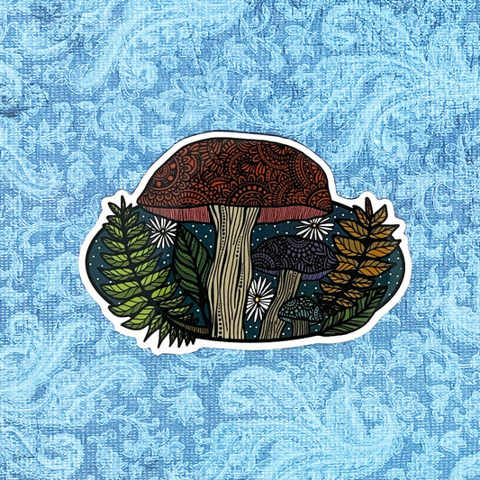A detailed mushroom, wildlife illustration made into a die-cut sticker. Laying on a blue textured background.
