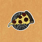 A fun, detailed illustration of a piece of pizza turned into a diecut sticker. Laying on a orange textured background.