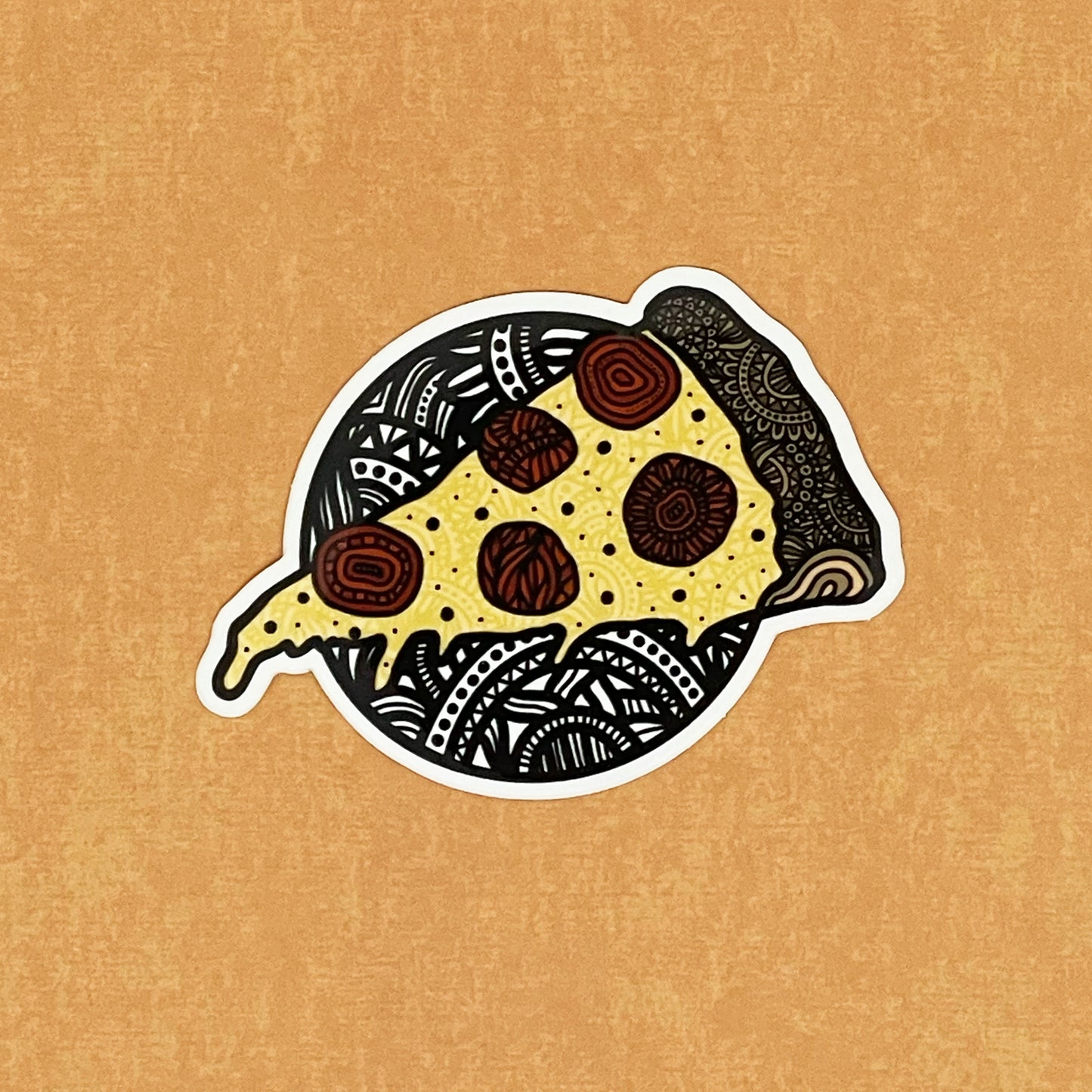 A fun, detailed illustration of a piece of pizza turned into a diecut sticker. Laying on a orange textured background.